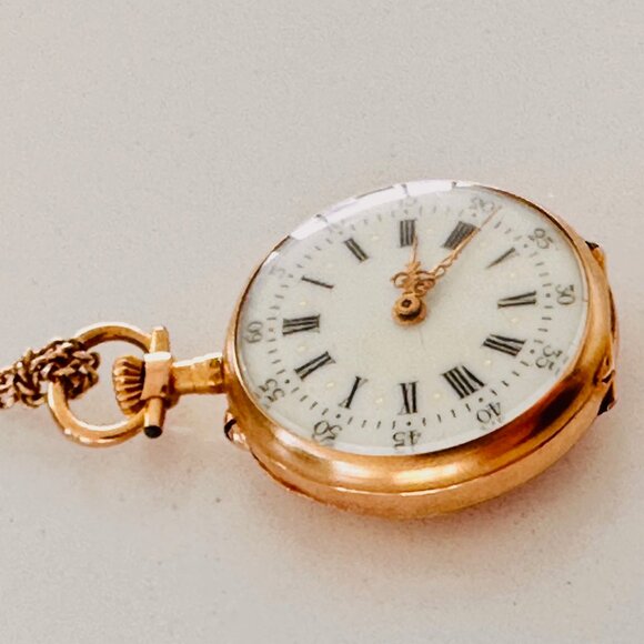 Solid Gold Pendant Pocket Watch + Gold Chain - Picture 9 of 12